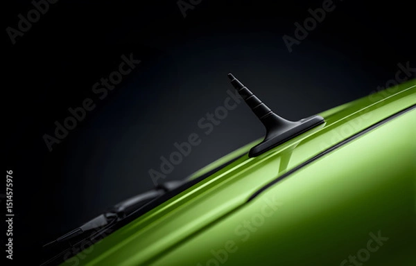 Fototapeta Close-up view of a green car roof with black matte antenna and textured plastic trim under studio lighting, isolated against a dark background for advertising, branding or design templates