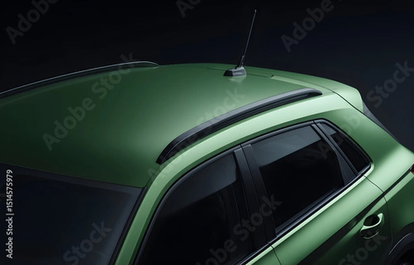 Fototapeta Close-up view of a green car roof with black matte antenna and textured plastic trim under studio lighting, isolated against a dark background for advertising, branding or design templates
