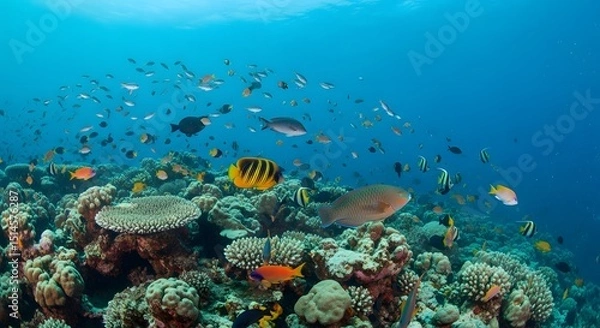 Obraz A vibrant underwater seascape teeming with colorful coral and diverse marine life, a world of wonder and aquatic biodiversity.