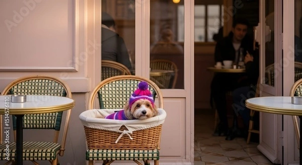 Obraz A fashionable dog in a knitted hat nestled in a basket at a Parisian cafe, exuding elegance and capturing a touch of urban charm.