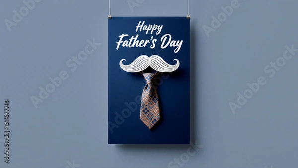 Fototapeta Distinguished Fathers Day banner pairs a patterned tie and mustache on rich navy with bold white text