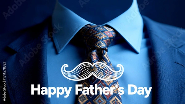 Fototapeta Sleek Fathers Day banner boasts a patterned tie mustache on navy blue with bold white happy text