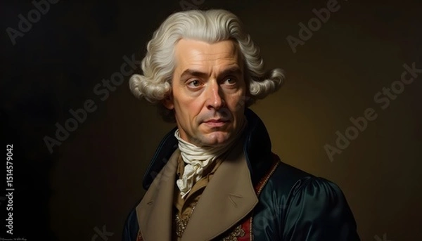 Fototapeta A distinguished historical figure with elegant attire, stands in a finely-lit portrait, exuding an air of authority and intellect, capturing the essence of an era.