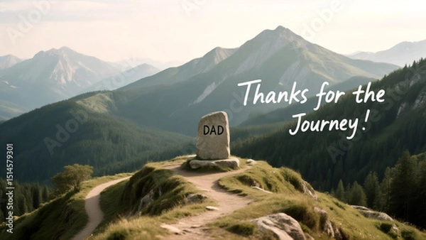 Fototapeta Mountain path leads to a gravestone carved DAD with Thanks for the Journey a poignant memorial for dad