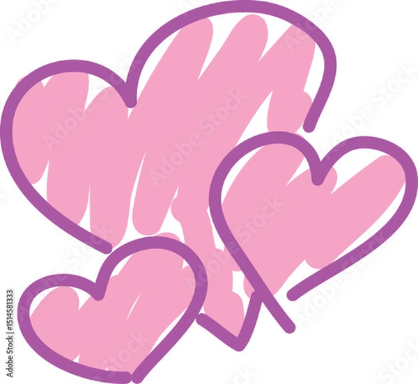 Obraz Three hearts of different sizes painted with a pink brush, carelessly drawn, curved lines drawn by hand with a brush