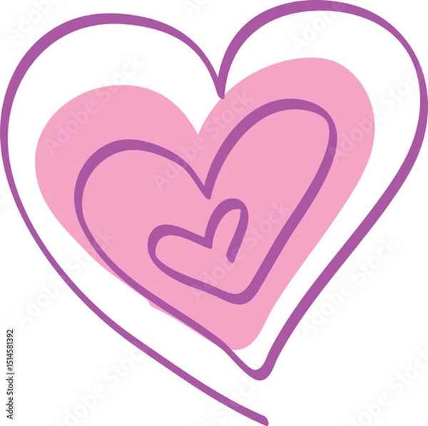 Obraz Triple heart drawn with one line brush with pink heart inside, curved lines drawn by hand with a brush