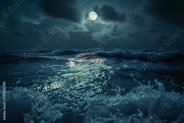 Fototapeta Full moon in the sky over the sea with waves at night. Neural network ai generated
