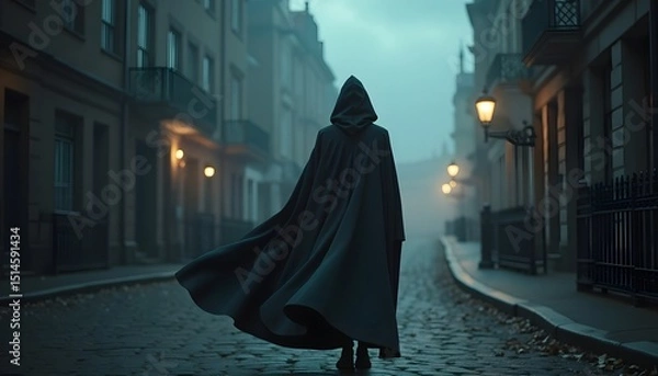 Fototapeta A mysterious figure cloaked in darkness walks down a fog-shrouded cobblestone street, the glow of gas lamps illuminating their path. The atmosphere is one of intrigue and suspense. 