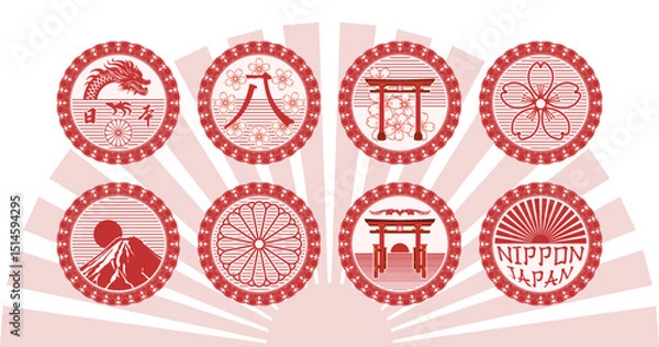 Fototapeta Vector set of red seals of Japan. Collection of Japanese round icons or stickers. Dragon, hieroglyph eight, ritual gate, sakura flower, Mount Fuji, coat of arms and radiant sun. Isolated background