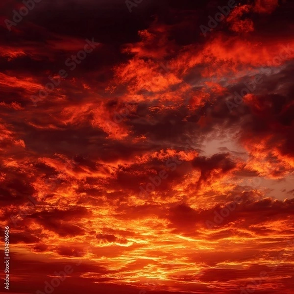 Fototapeta Bright red sunset. Dramatic evening sky with clouds. Fiery skies with space for design. Magic fantasy sky. War, battle, terror, world apocalypse, horror concept.