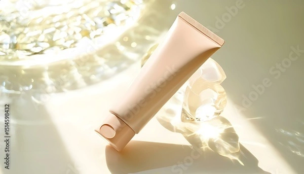 Fototapeta Cream tube with a soft finish placed before glass. Minimal and fashionable studio composition