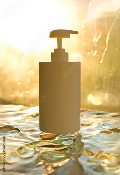 Fototapeta Hand soap dispenser  set in front of ribbed glass in a minimalist studio. Professional and chic look.