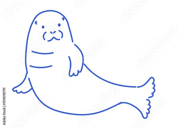 Fototapeta Seal lying on side with flippers extended. Simple blue line art illustration on white background.