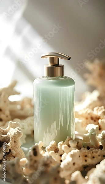 Fototapeta Glass soap dispenser with green liquid on a background of dry coral. Clean and contemporary studio composition
