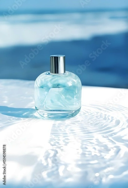 Fototapeta Glass bottle with blue perfume placed in front of ocean waves. Fashionable fragrance product mockup in a professional studio setting. Minimalist and stylish composition