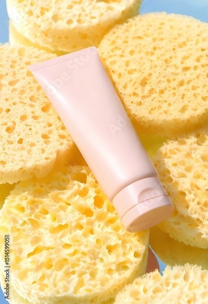 Fototapeta Pinkish cosmetic tube with sponges in the background. Fashionable skincare product mockup in a professional studio setting. Minimalist and stylish composition