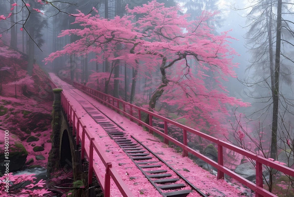 Fototapeta landscape of pink cherry blossom trees in the misty forest, wooden bridge in front, foggy background, photorealistic