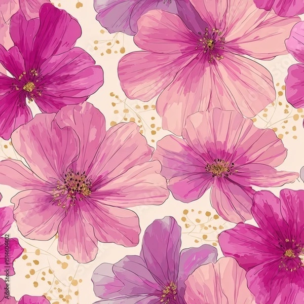 Fototapeta Oversized, hand-drawn, uneven flowers scattered loosely with playful curves and petals. Use soft blush pink as the base, punchy fuchsia highlights, gentle lilac shadows, and subtle.