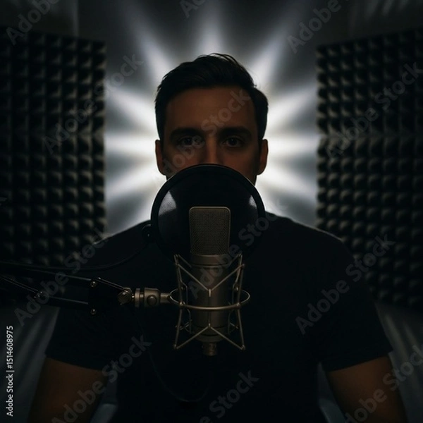 Obraz Dramatic Portrait of a Man Behind Microphone in Recording Studio
