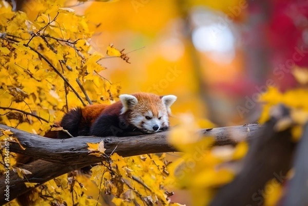 Fototapeta Red panda rests on autumn branch