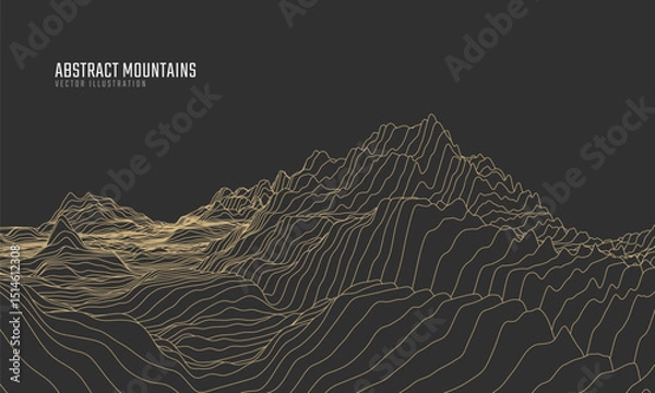 Fototapeta Contour mountain landscape. Waved line art. Abstract minimal topographic map. Contour lines with elevations and terrain depth. Vector illustration.