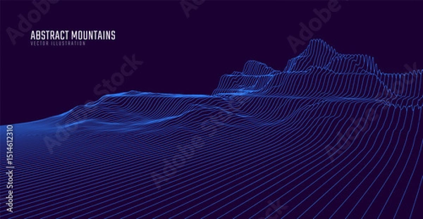 Fototapeta Contour mountain landscape. Waved line art. Abstract minimal topographic map. Contour lines with elevations and terrain depth. Vector illustration.