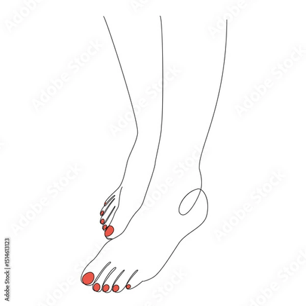 Fototapeta Silhouettes of human legs, feet in modern one line style. Red painted nails. Continuous line drawing, stickers, logo. Vector illustration.