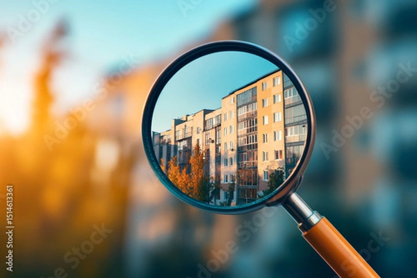 Fototapeta Housing Challenges Concept: Magnifying Glass on Modern Home. Generative AI