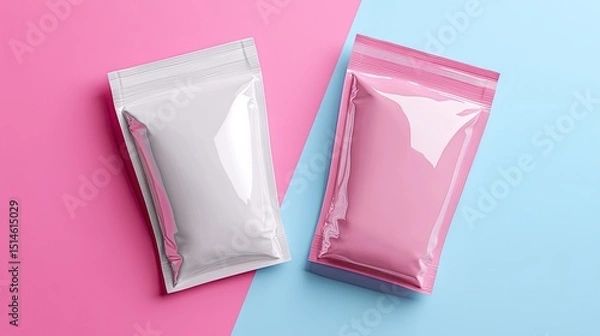 Fototapeta Two blank, glossy, resealable pouches in pink and white.