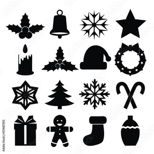 Fototapeta Collection of silhouetted christmas icons including festive bells snowflakes and holiday symbols
