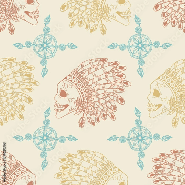 Fototapeta Seamless pattern with hand drawn indian skull and feathers. Vector illustration.