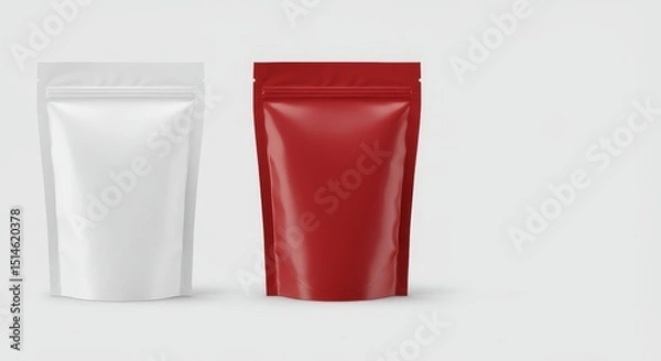 Fototapeta AI Generated Pouch Packaging Mockup: White and Red Stand Up Pouches - Illustrative mockup of two stand-up pouches, one white and one red, ideal for branding and packaging design. Clean, modern