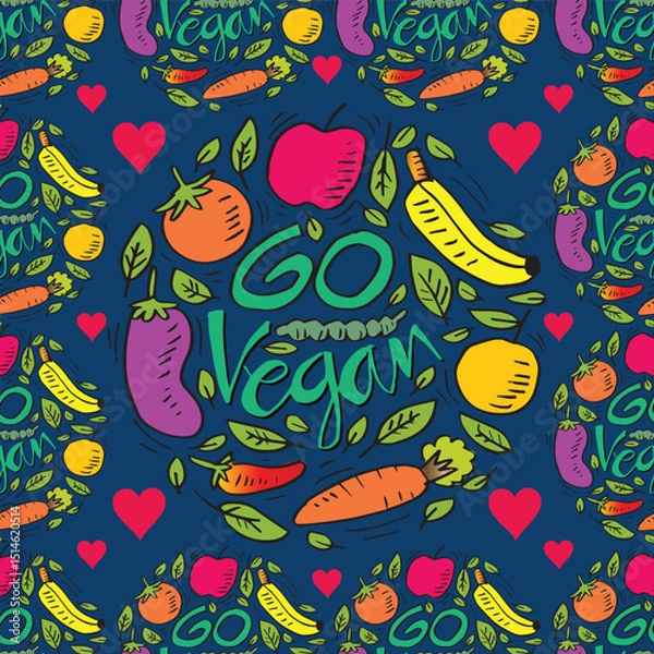 Fototapeta Seamless pattern with hand drawn vegetables and fruits.. Go Vegan concept.