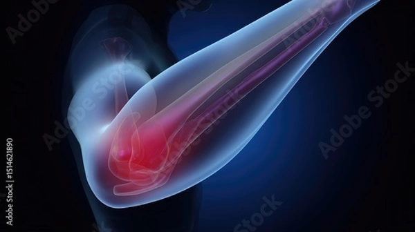 Obraz Elbow joint anatomy is displayed with emphasis on red regions representing pain, suggesting potential injuries or conditions affecting flexibility and mobility in the arm