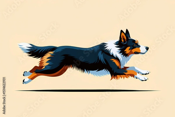 Obraz A colorful illustration shows a dog joyfully running across a smooth surface, displaying vibrant fur patterns against a light background. Generative AI.