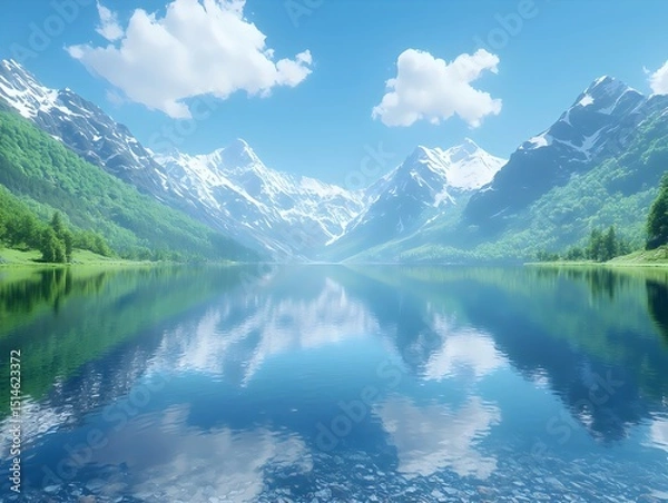 Obraz A breathtaking view of a serene mountain lake surrounded by majestic snow-capped peaks and lush greenery, reflecting the clear blue sky and fluffy white clouds.