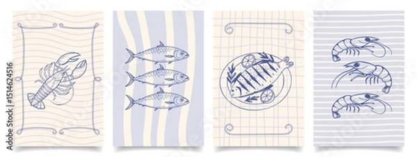 Fototapeta Collection of hand drawn italian cuisine posters. Seafood, fish, lobster, sardines. Mediterranean set. Seafood menu cards. Sketch illustration.