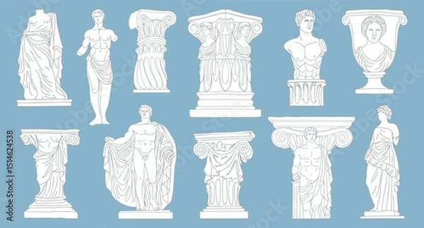 Fototapeta Collection of Classical ancient Greek and Roman sculptures and architectural elements. Sketch outline illustration.