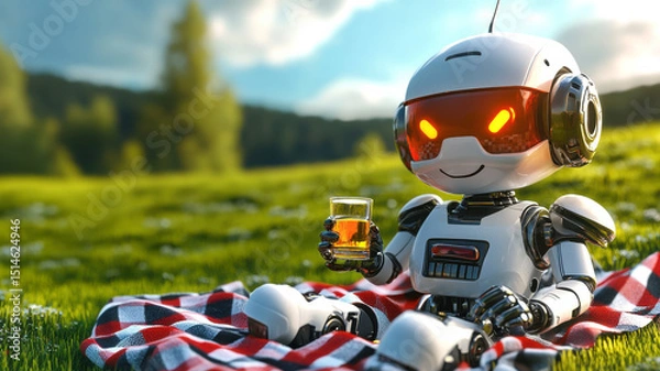 Fototapeta Robot enjoying a picnic with oil, humorous and cheerful concept