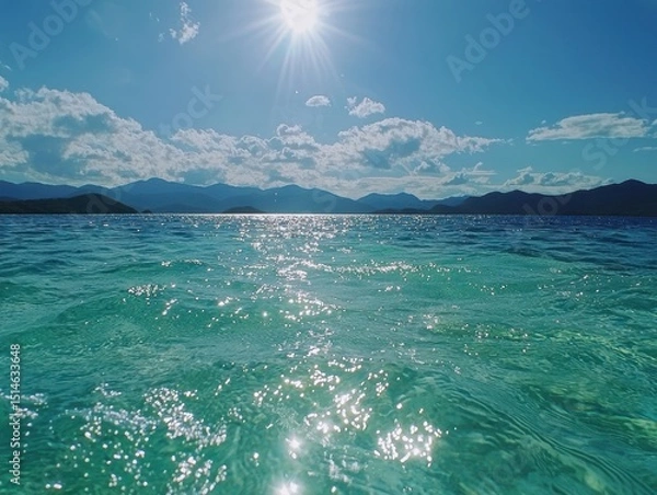 Fototapeta Clear turquoise ocean water sparkles under a bright sun with distant mountains and a blue sky filled with scattered clouds.