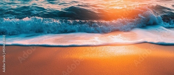 Fototapeta Vibrant sunset waves gently wash onto a golden sandy beach, creating a tranquil and colorful seaside scene.