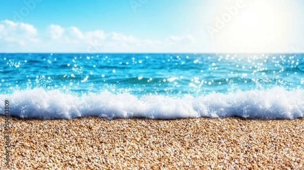 Fototapeta A sunny beach with clear blue waves gently crashing onto a pebbled shore under a bright sky.