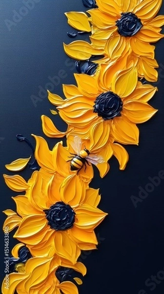Fototapeta Bright yellow sunflowers and a bee are artistically depicted on a dark textured background.