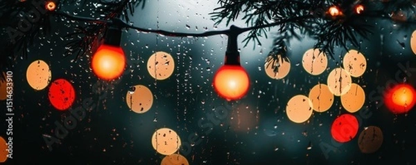 Obraz Warm festive string lights glow in the rain, hanging from pine branches with blurred bokeh in the background.
