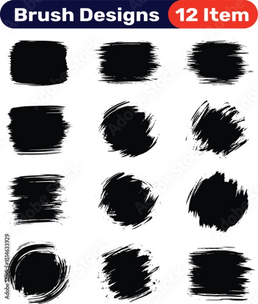 Fototapeta Twelve isolated black brush stroke designs on a white background for graphic elements