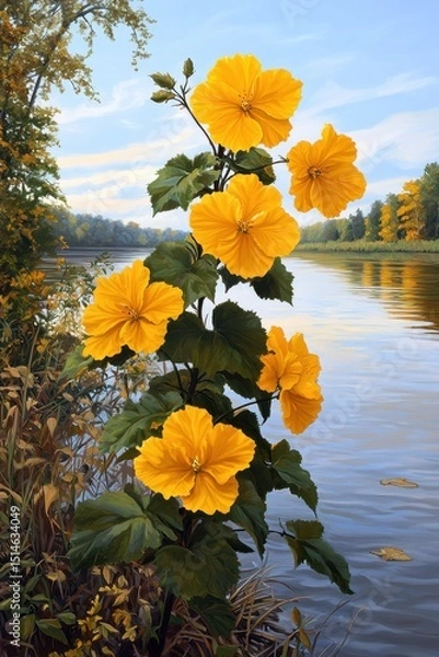 Fototapeta Bright yellow flowers bloom by a calm riverside, surrounded by green foliage and reflected under a blue, partly cloudy sky.