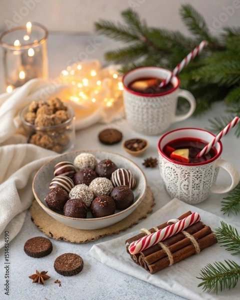 Fototapeta Close-up flatlay of a winter dessert table: chocolate truffles, mini yule logs, peppermint sticks, and mulled wine in festive mugs. Soft focus and cozy lighting.