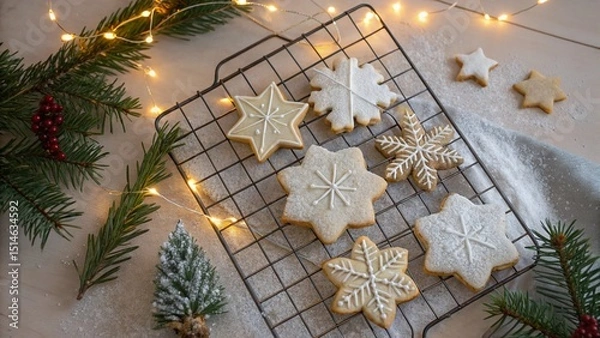 Fototapeta Flatlay of decorated Christmas cookies (snowflakes, trees, stars) on a cooling rack with powdered sugar, fairy lights, and pine branches. Warm festive background.