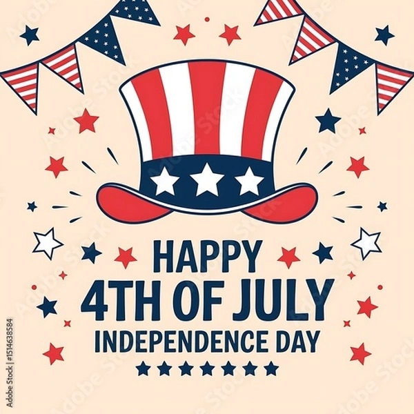 Fototapeta Vintage style american independence day card with 4th of july message uncle sam hat fireworks and patriotic stars ideal for usa celebration design template flyers invitations and web graphics