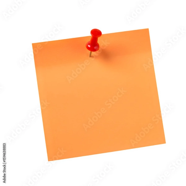 Fototapeta Orange Sticky Note with red Pushpin Isolated on Transparent Background. Orange sticky post it note with red pushpin isolated on white or transparent background. PNG